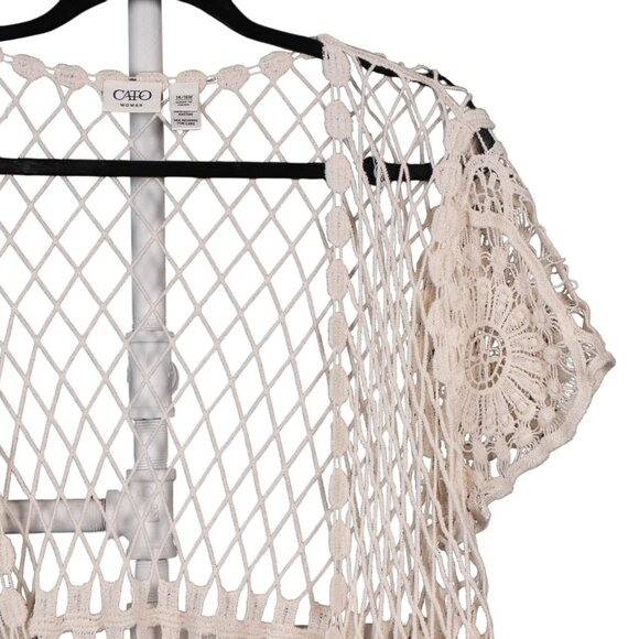 Cato Crochet Open Knit Fringe Cardigan 14 16W Womens 100% Cotton Off White Boho - Picture 2 of 5